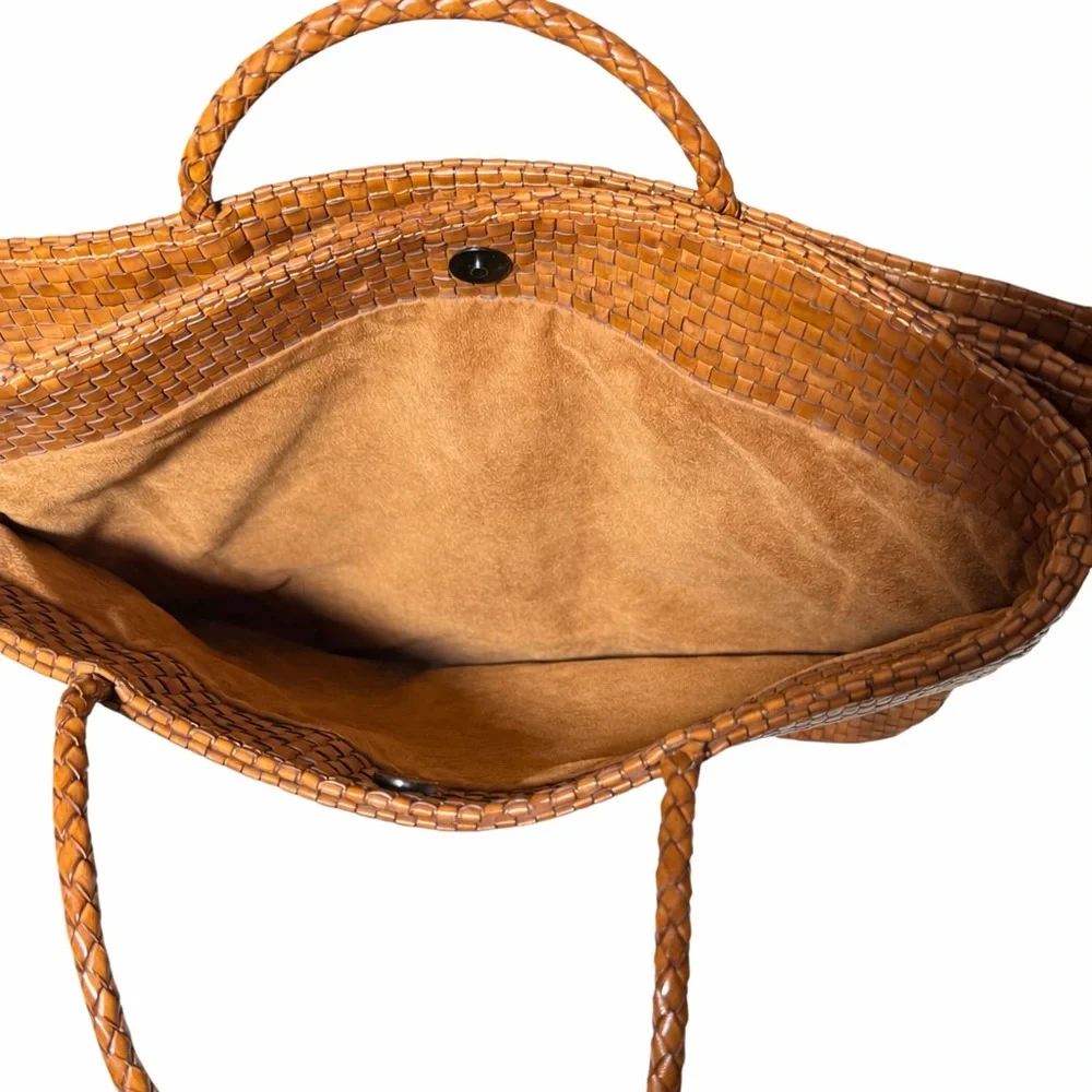 SOLD!  Woven Leather Tote Cognac Intrecciato Structured Shopper - Picture 4 of 7